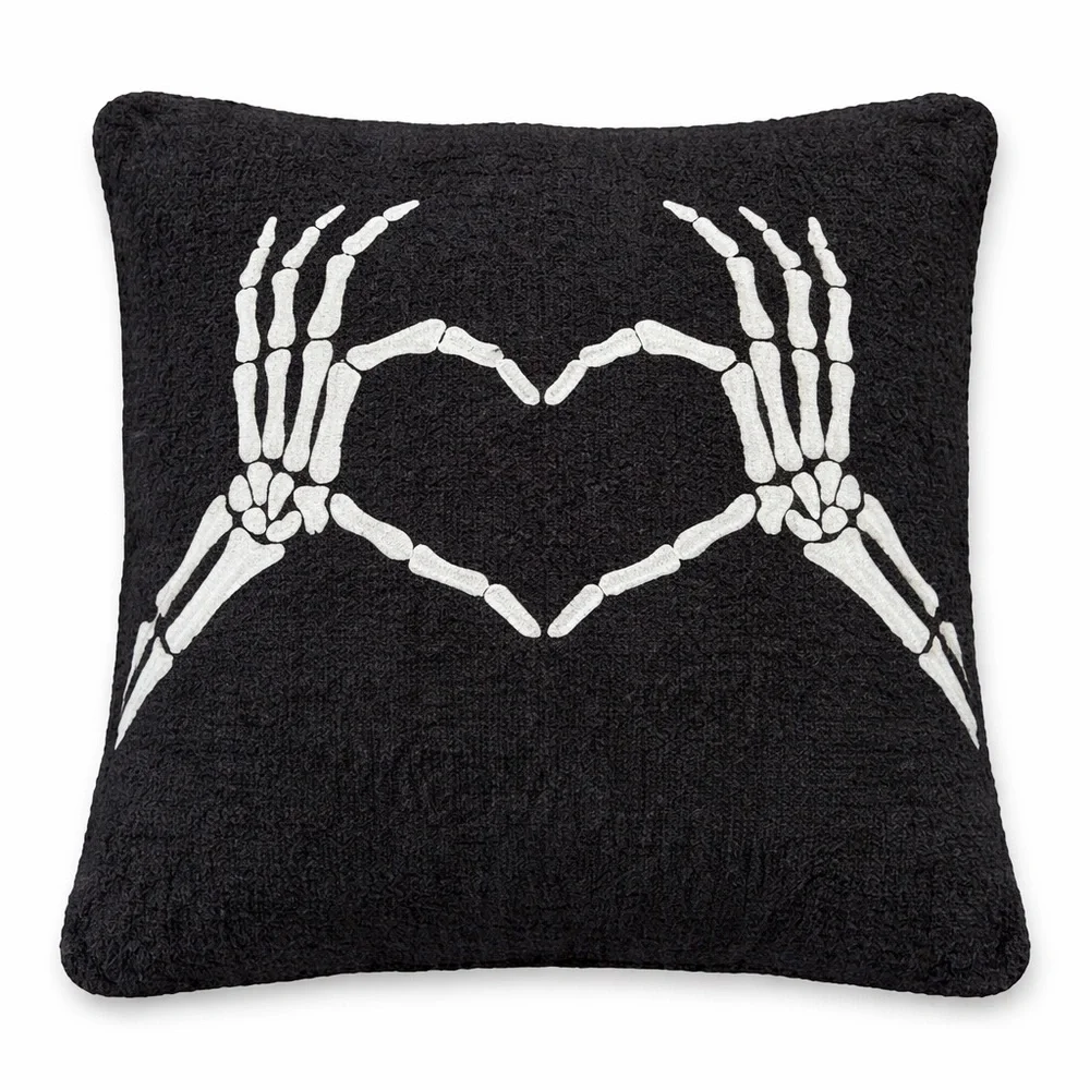 Styled Collection x Sarah Knuth Skeleton Heart Hand Pillow Black White Plush NEW